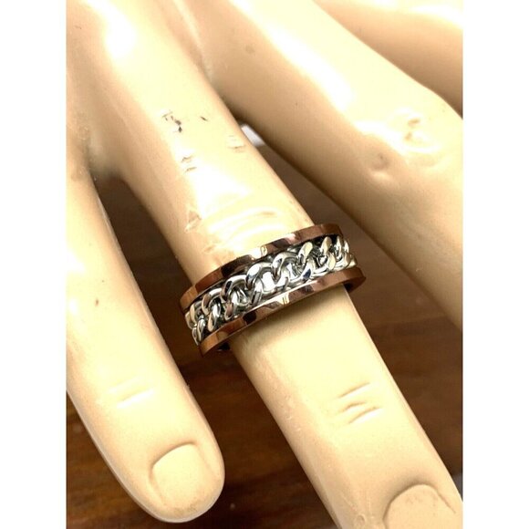 Men's Wedding Band Brown Silver Chain Style Stainless Steel 8mm Size 10 - Picture 6 of 13